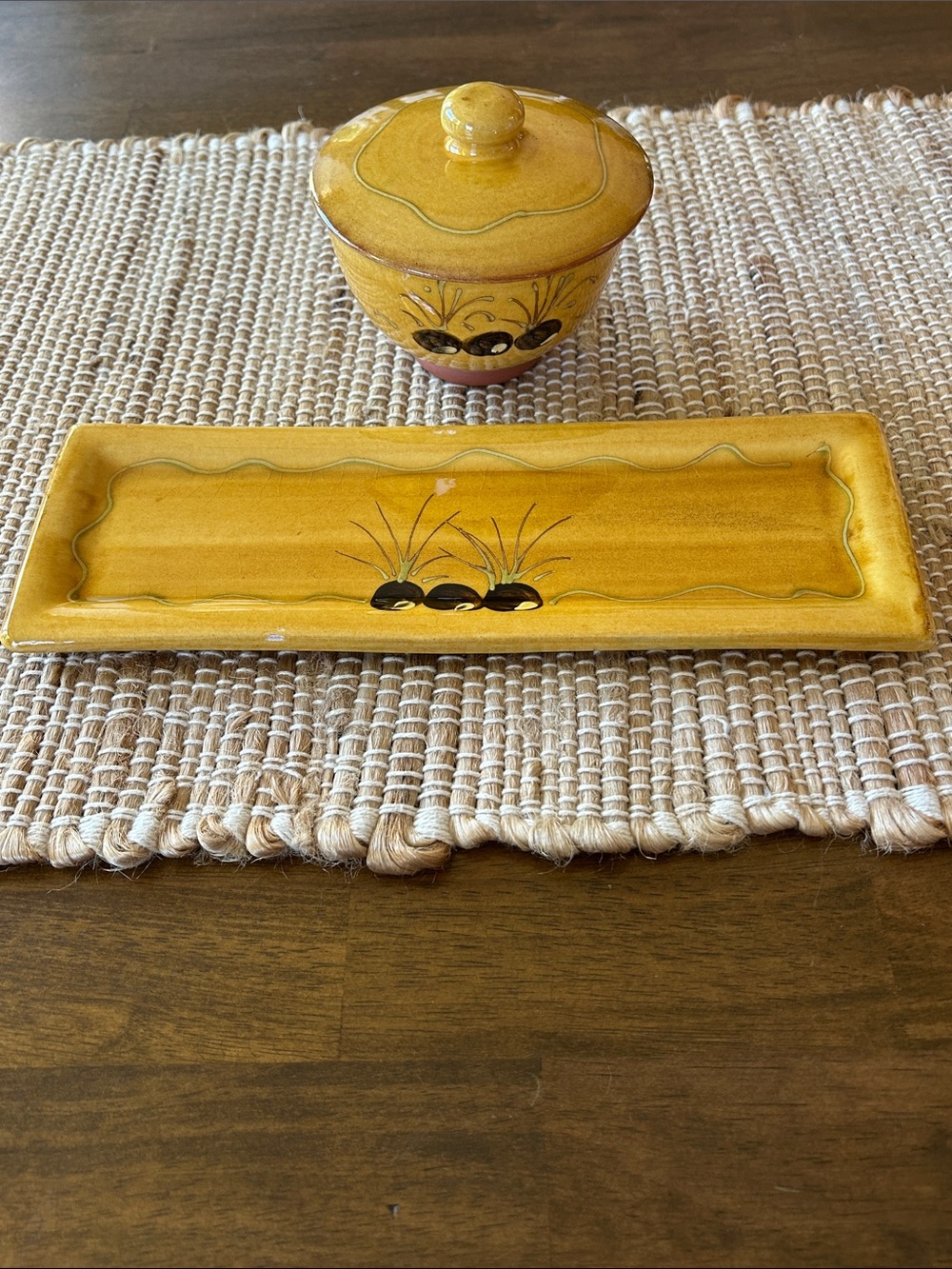 T Comme Terre French Red Ware Hand Painted Olive Tray & Lidded Bowl